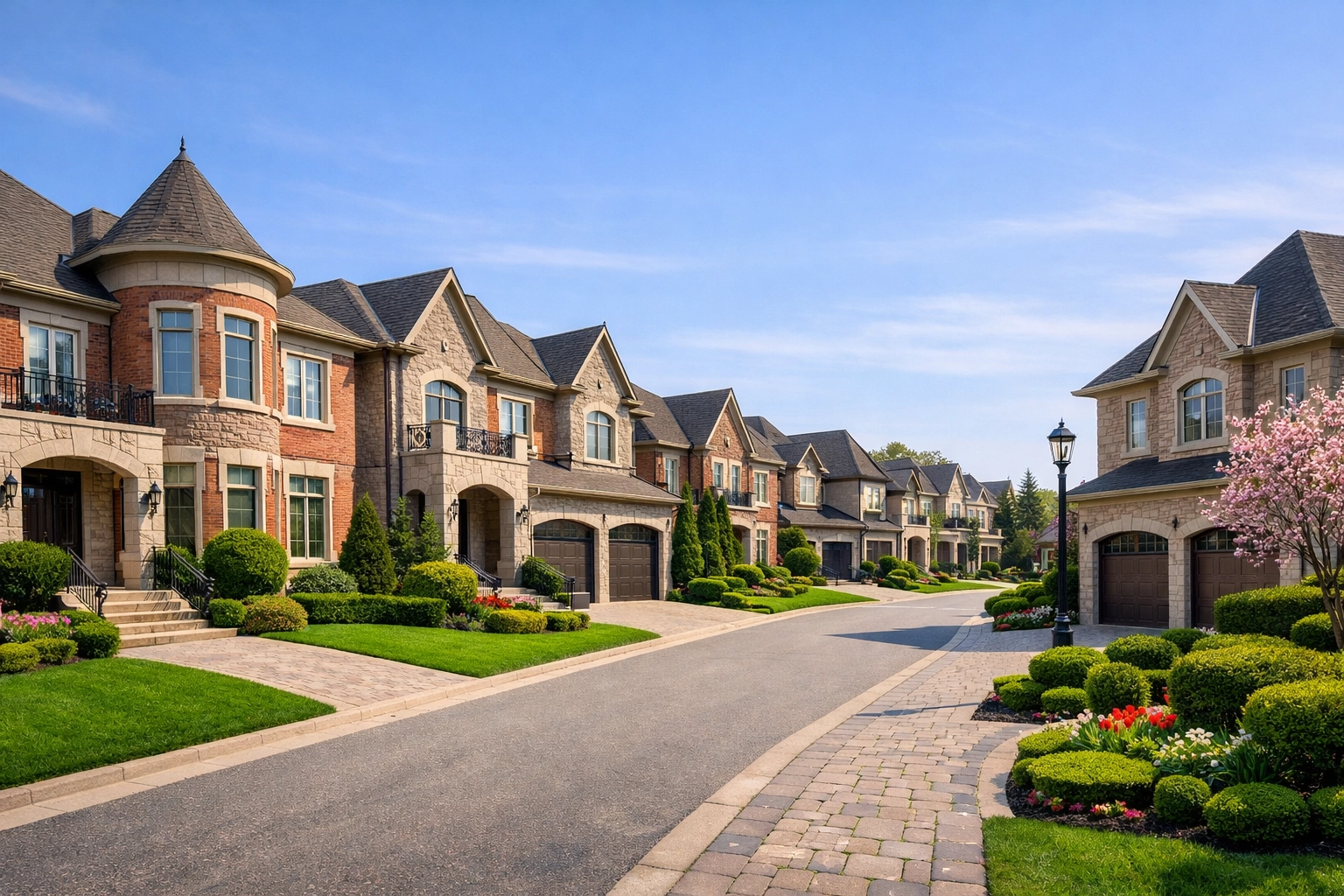 Rows of luxury detached homes in a quiet Woodbridge, Vaughan neighborhood with green lawns.