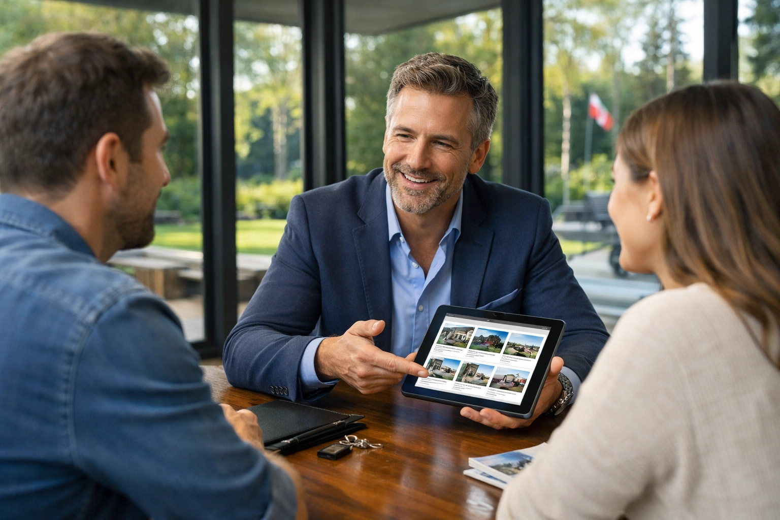 A Russian-speaking real estate agent discussing property listings with a couple in a modern Ontario home.