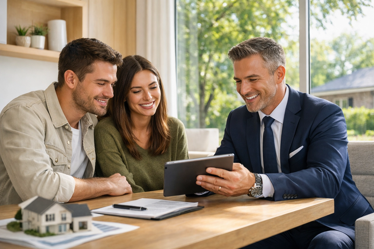 A Russian speaking realtor in Toronto discussing property options with a young couple in a modern home office.