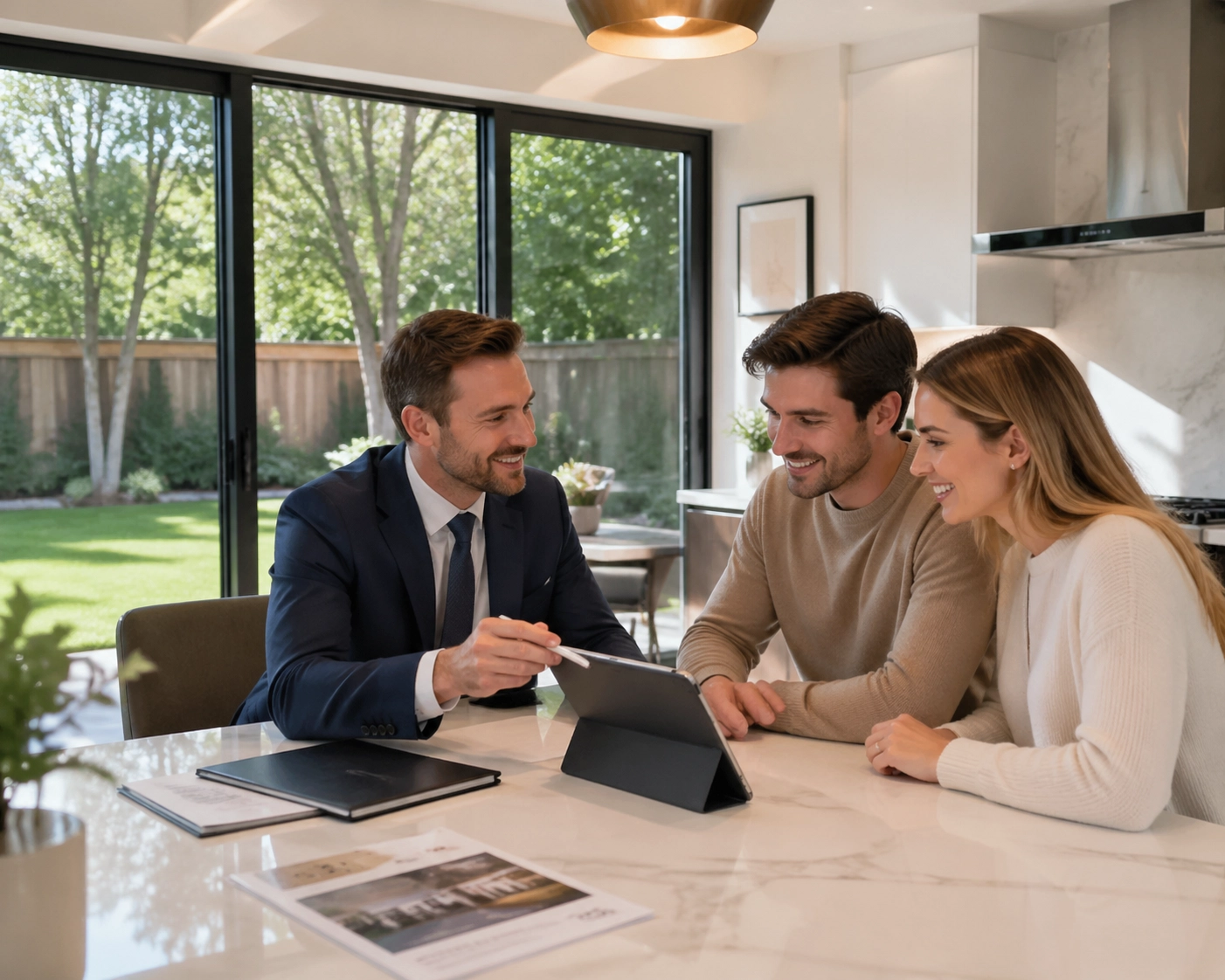 Russian speaking realtor in Toronto helping a young couple with real estate financial planning in a modern GTA home.