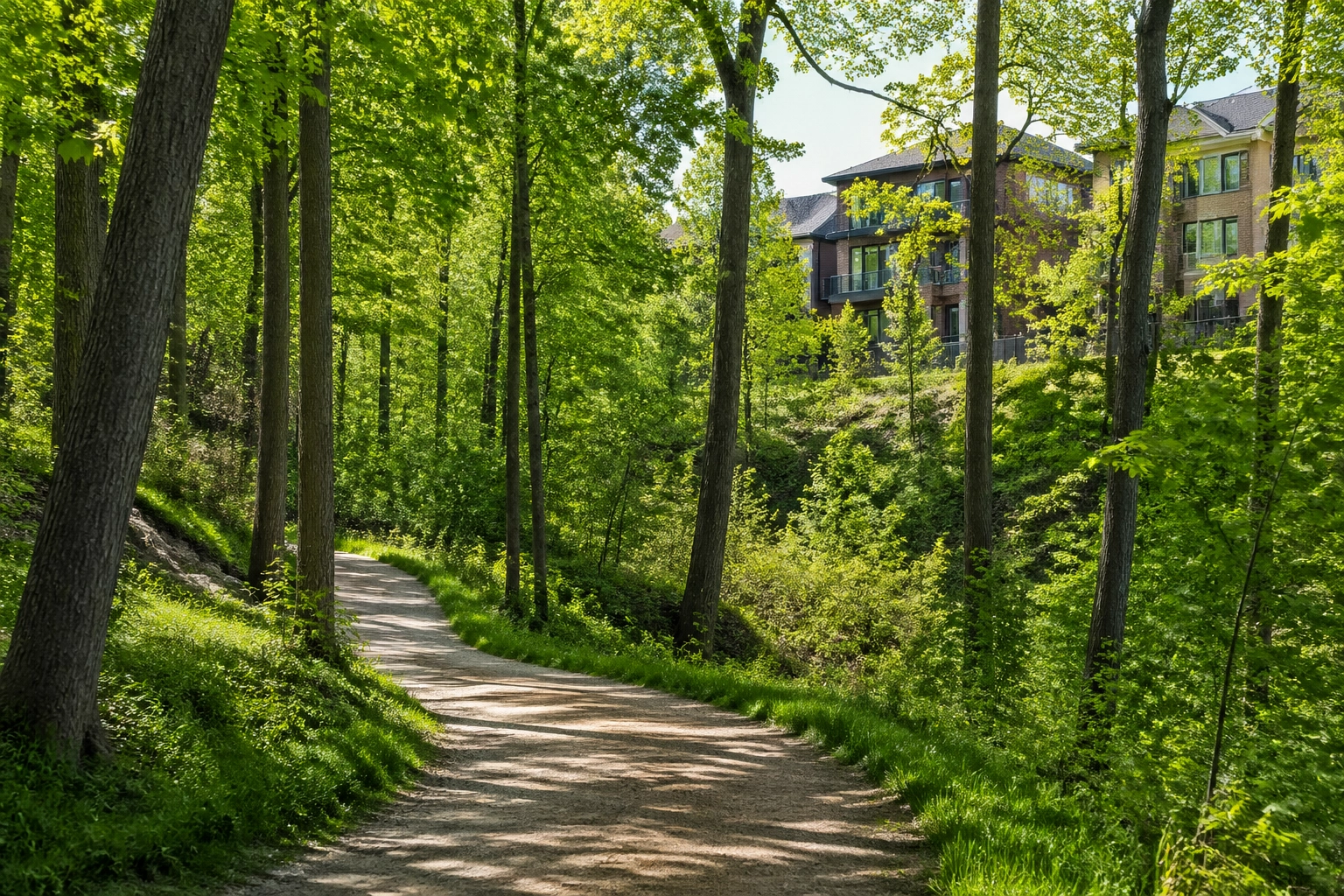 Scenic forest walking trail in Ardagh Bluffs near residential homes in Barrie, Ontario.