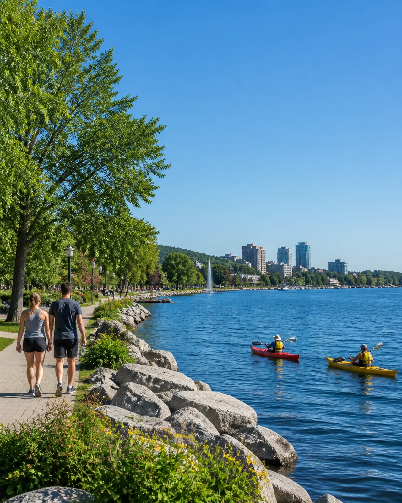 Scenic view of Kempenfelt Bay with people kayaking and walking along the waterfront
