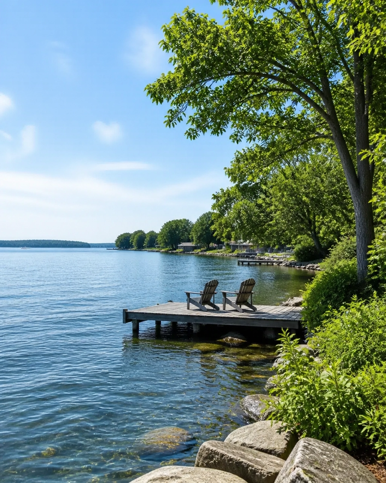 A serene view of Lake Simcoe in Barrie, showing clear blue water and lush green shores.