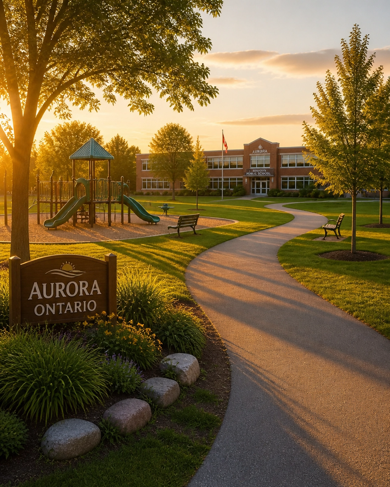 A serene park scene in Aurora with a modern playground and a classic brick elementary school in the background.