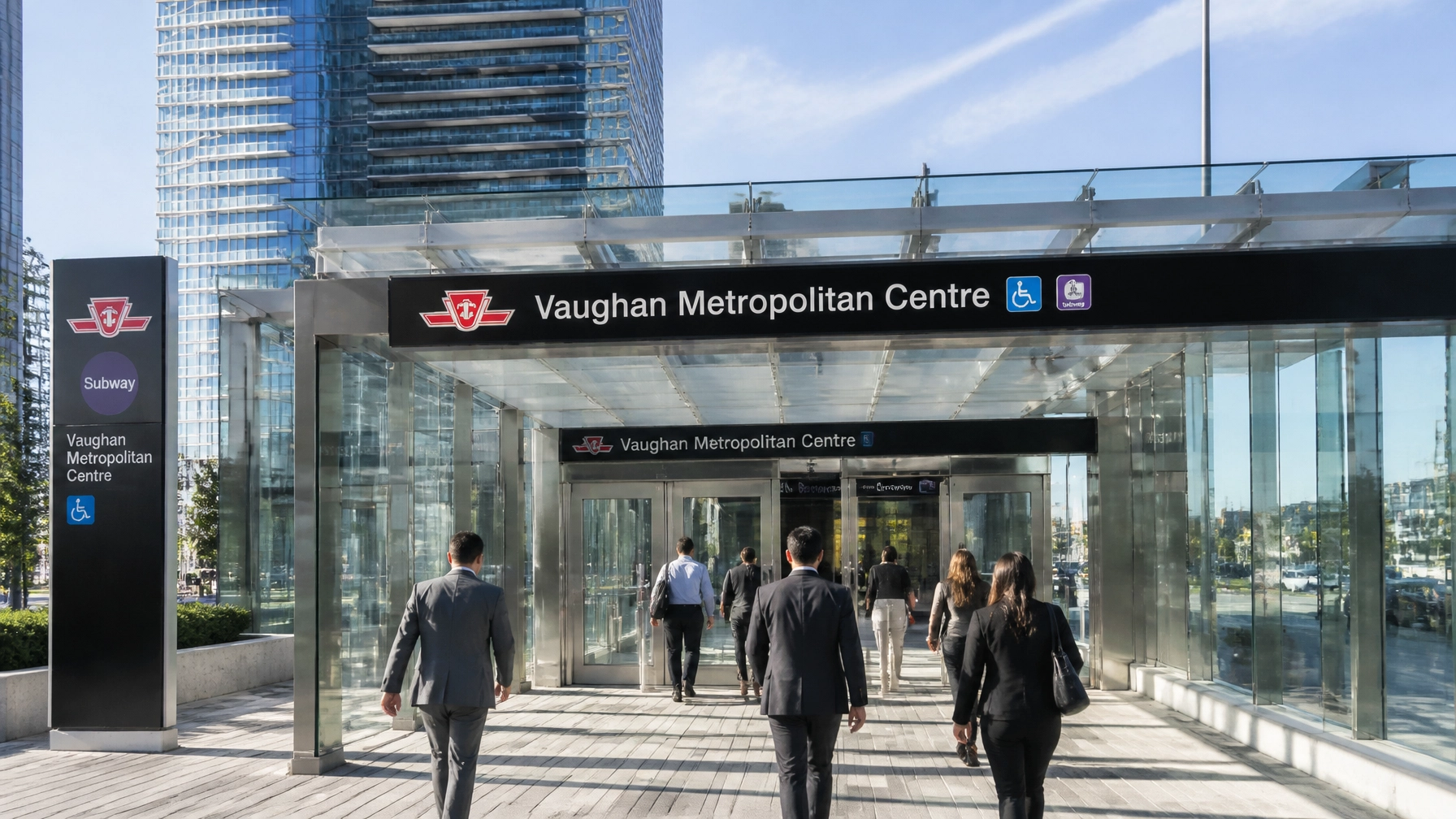 A sleek, modern TTC subway station entrance at the Vaughan Metropolitan Centre representing transit convenience.