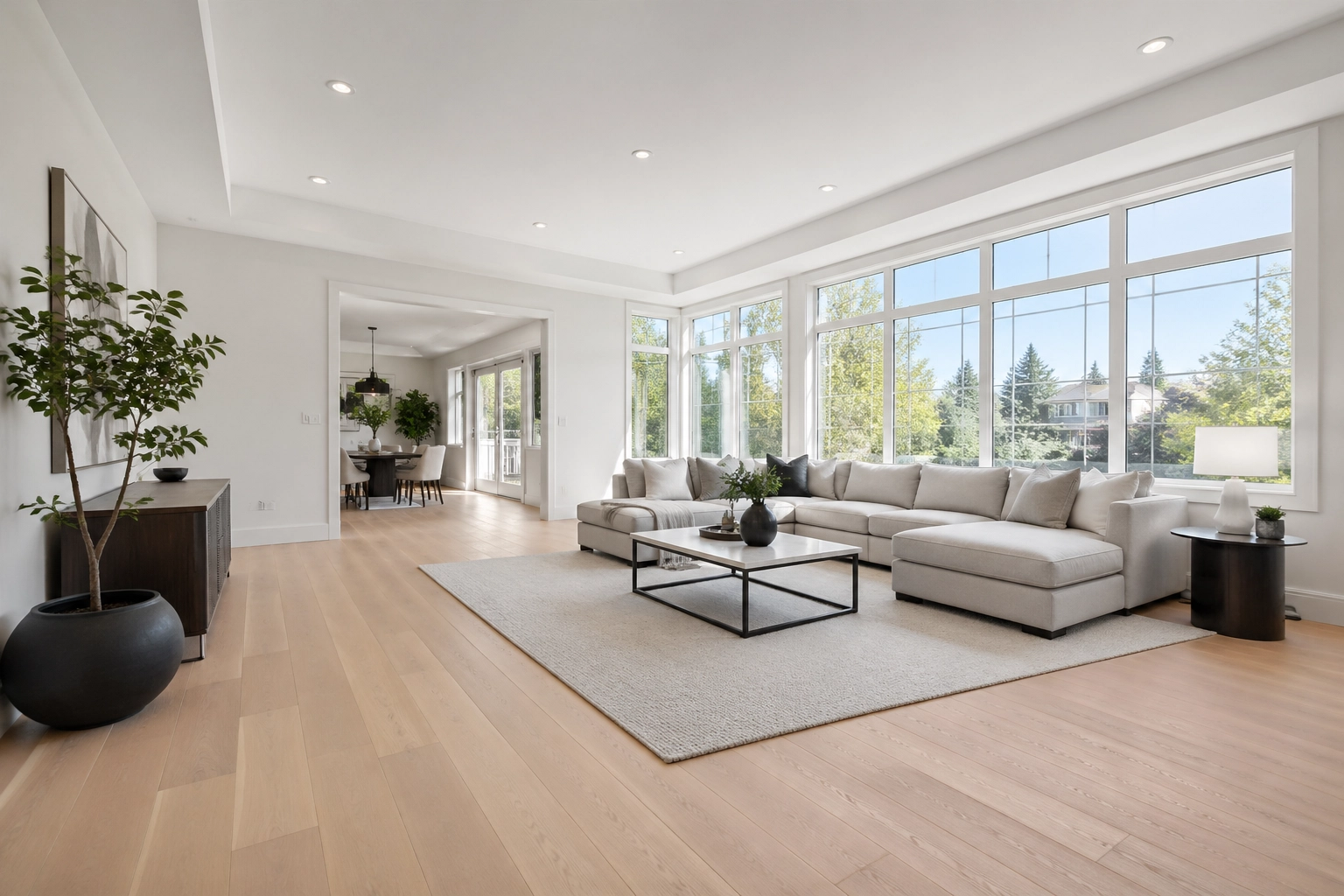 Staged minimalist living room in a GTA home featuring neutral tones and natural light to attract buyers.