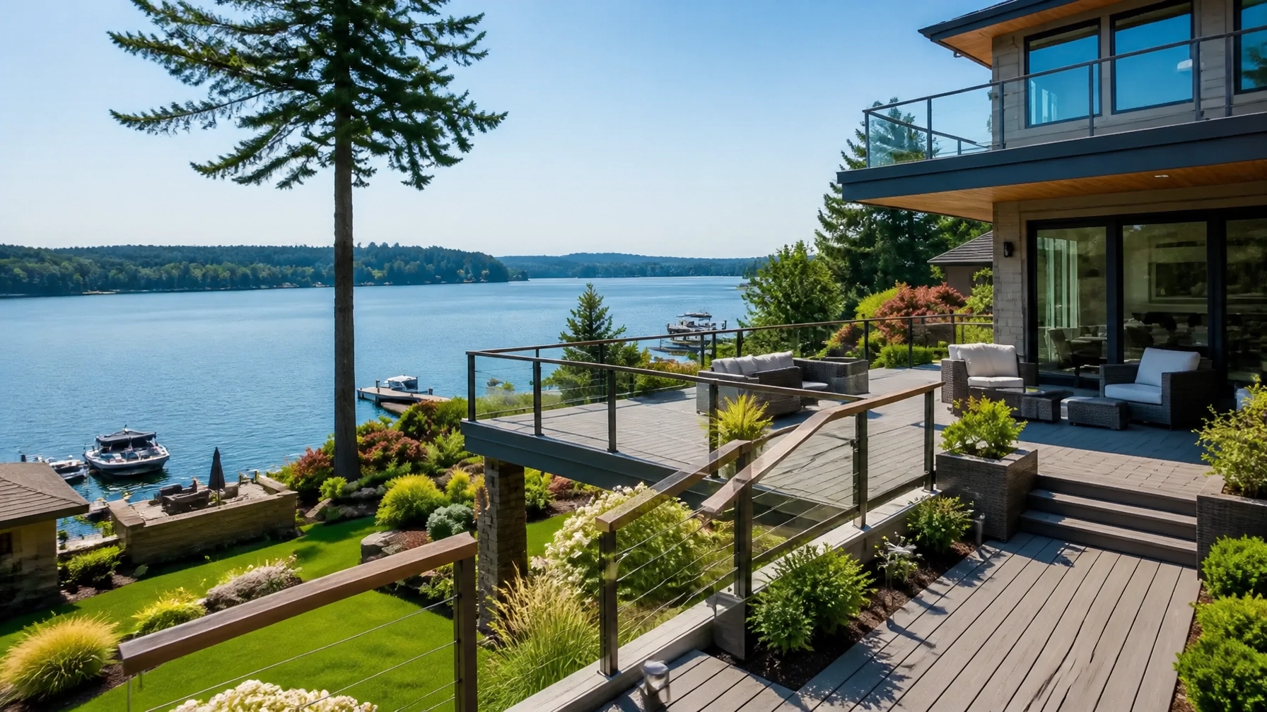 A stunning view of the Lake Simcoe waterfront in Innisfil, featuring a high-end luxury deck and a modern home exterior.