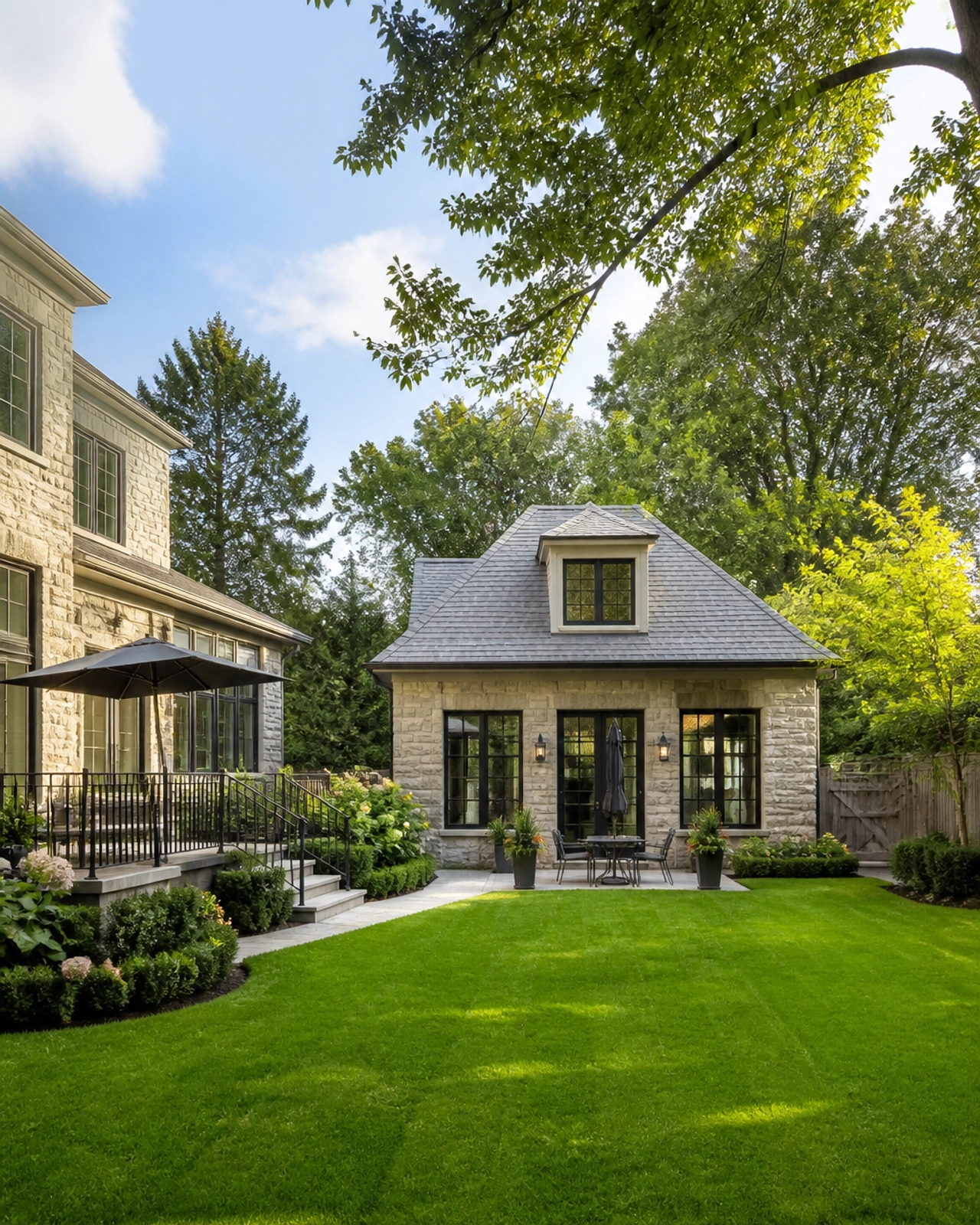 A stylish backyard garden suite or coach house behind a classic Ontario suburban home.
