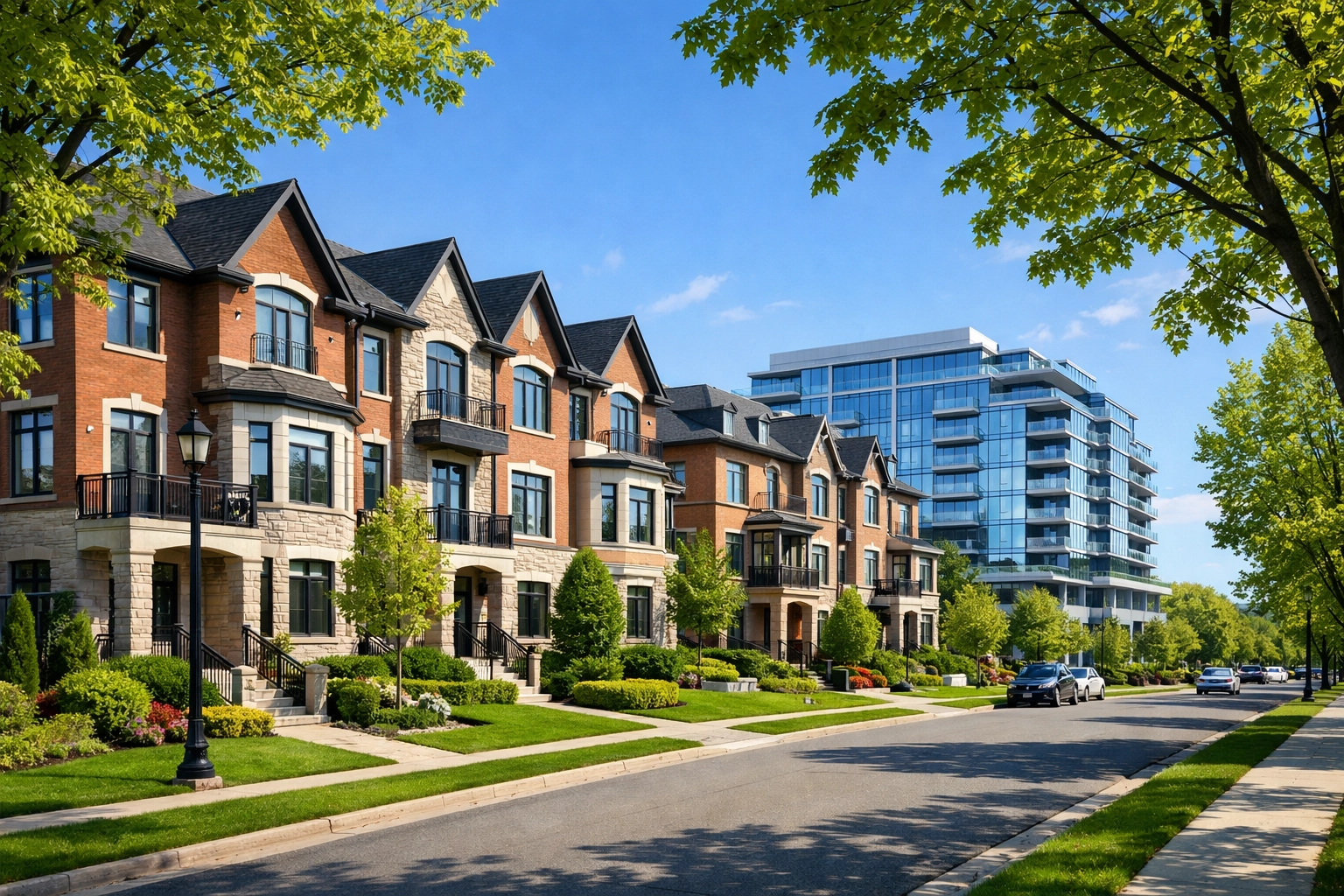 Upscale freehold townhomes and modern condos in Markham, Ontario, representing GTA investment growth.