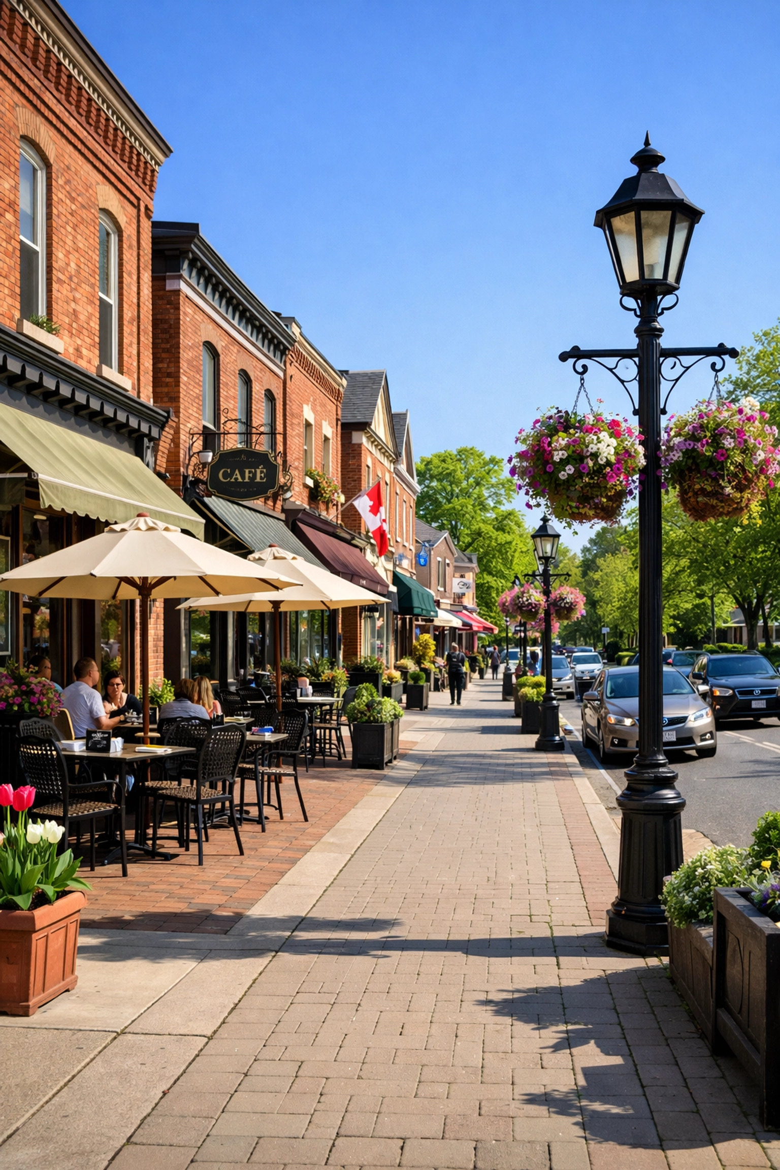 Upscale historic downtown street with shops and patios representing the lifestyle in Newmarket and Aurora.