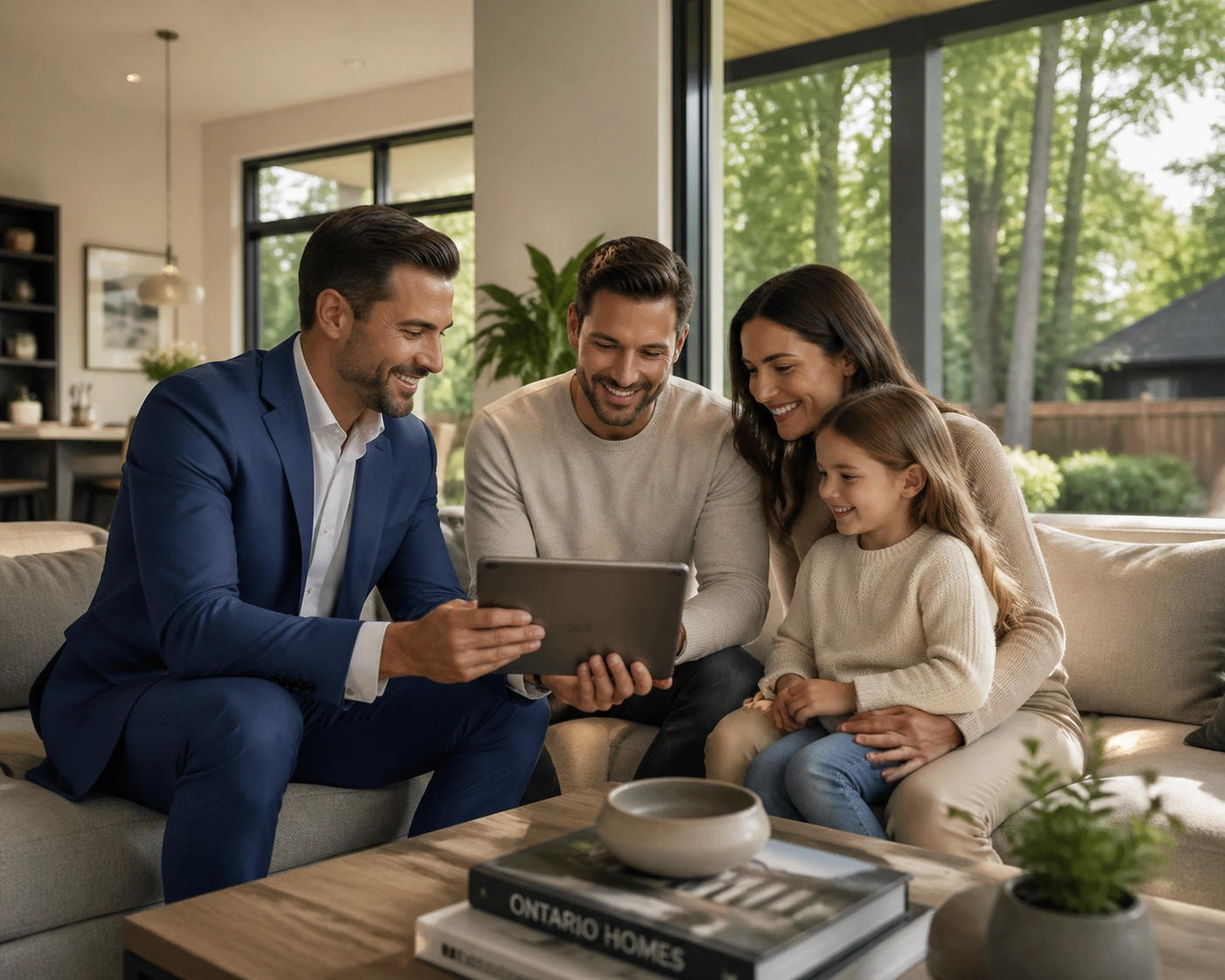 BuyRealty.ca Real Estate Brokerage agent showing property listings on a tablet to a family in Simcoe County.