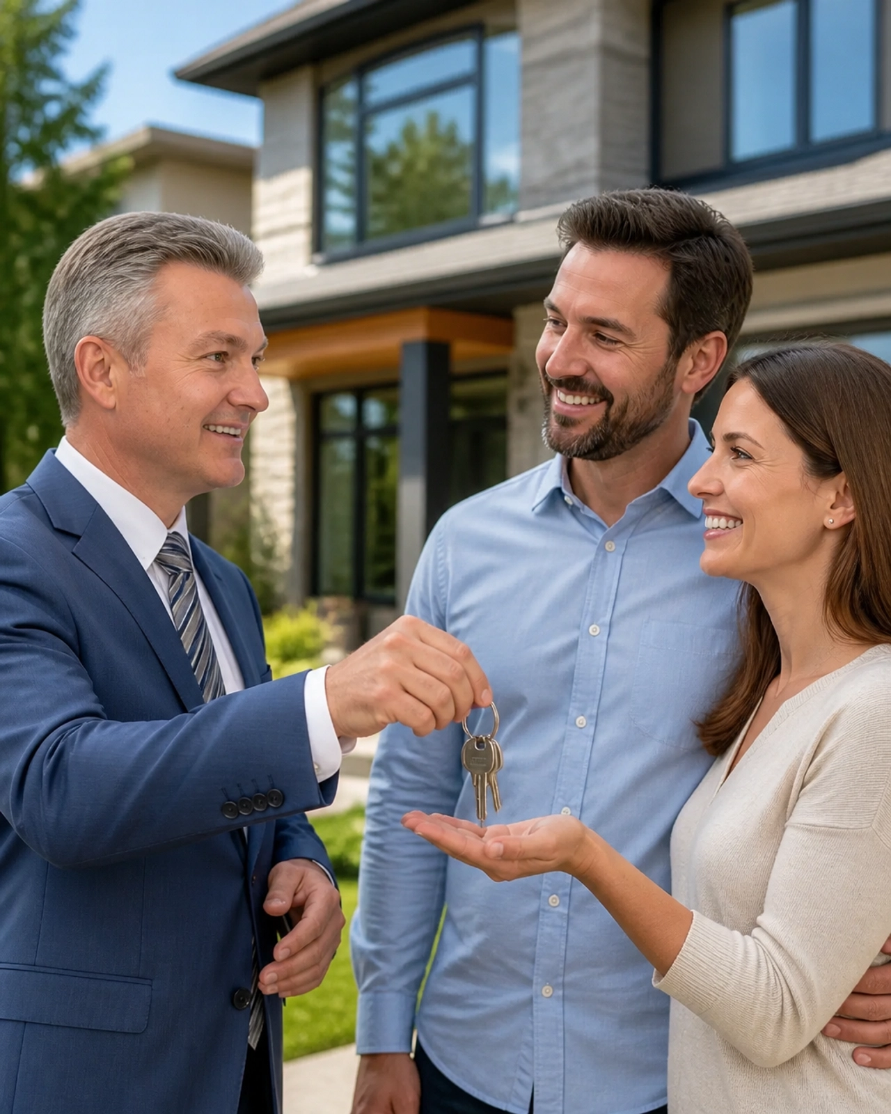 BuyRealty.ca Real Estate Brokerage professional handing over keys to a happy couple in front of their new Innisfil home.