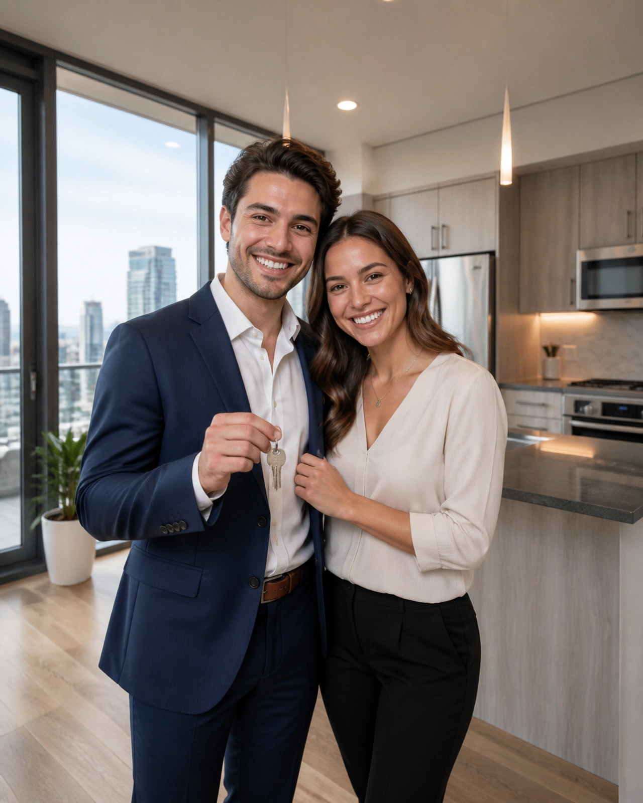 Young couple holding keys in their new North York condo