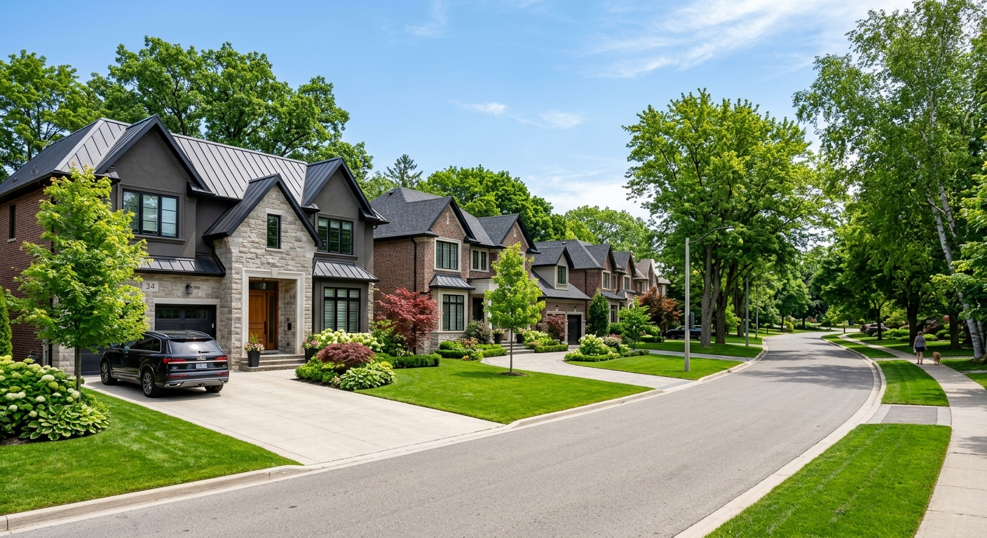 Aerial view of a suburban Barrie neighbourhood with green lawns and a mix of detached homes and duplexes, showing a professional and peaceful community