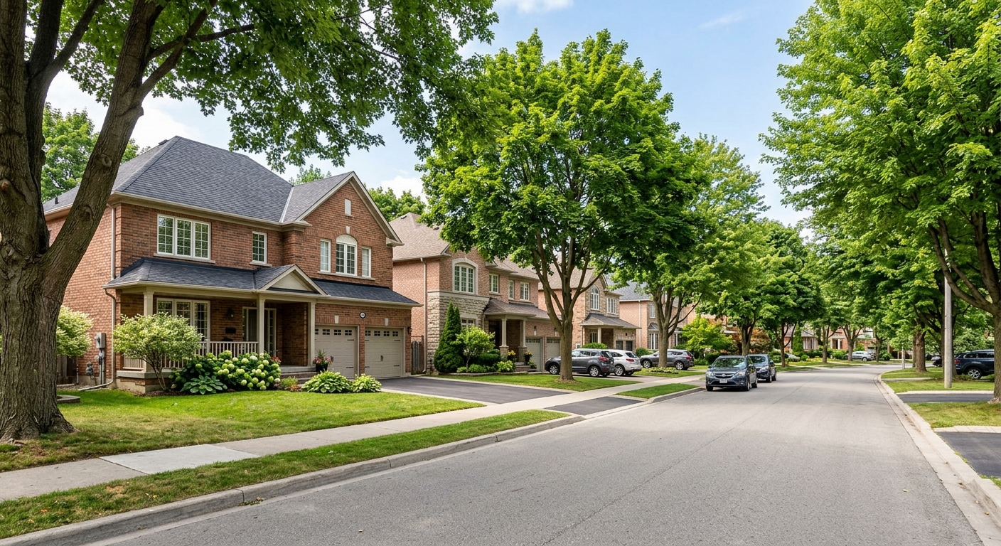 A beautiful residential street in a GTA suburb like Richmond Hill or Aurora, featuring mature trees and classic brick architecture typical of the Ontario market.