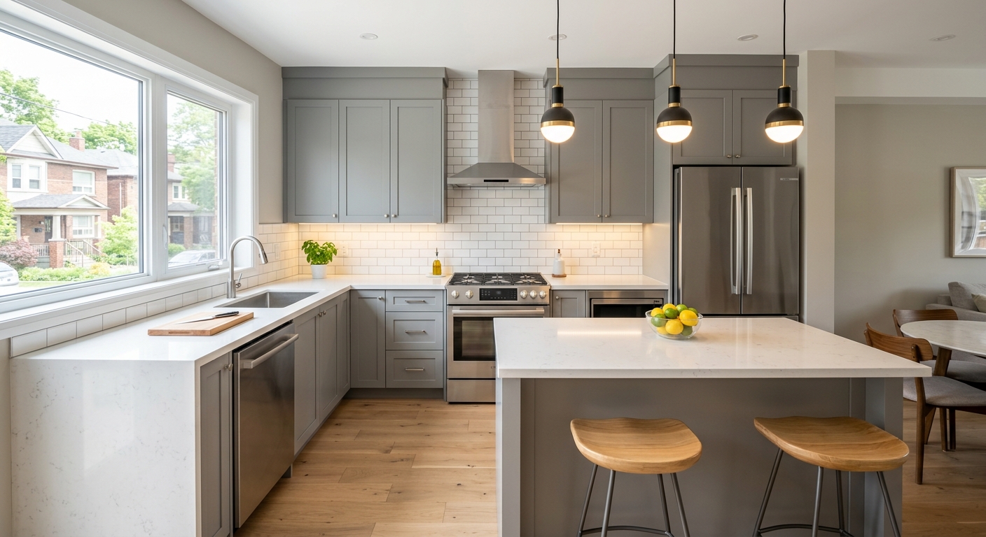 A bright, modern kitchen renovation inside an Ontario multi-family unit. It features white quartz countertops, sleek grey cabinetry, high-end stainless steel appliances, and a subway tile backsplash. The lighting is warm and professional, highlighting a clean and inviting space that appeals to modern GTA renters.