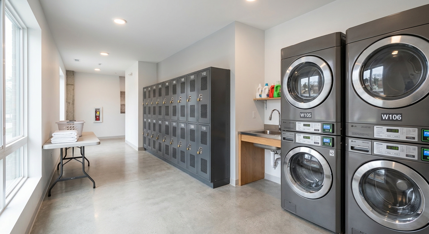 A clean and well-organized storage and laundry area in a multi-family building. The image shows secure, modern metal storage lockers and a stack of high-efficiency, card-operated laundry machines. The space is brightly lit and professionally maintained, representing a functional ancillary income stream for landlords.