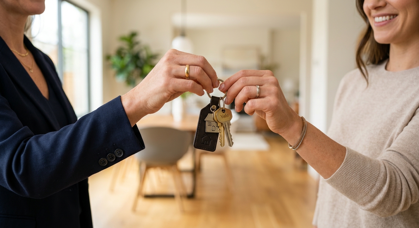 A close-up shot of a set of house keys being handed over from a professional hand to a client's hand, symbolizing a successful home purchase. High-end, professional photography style.