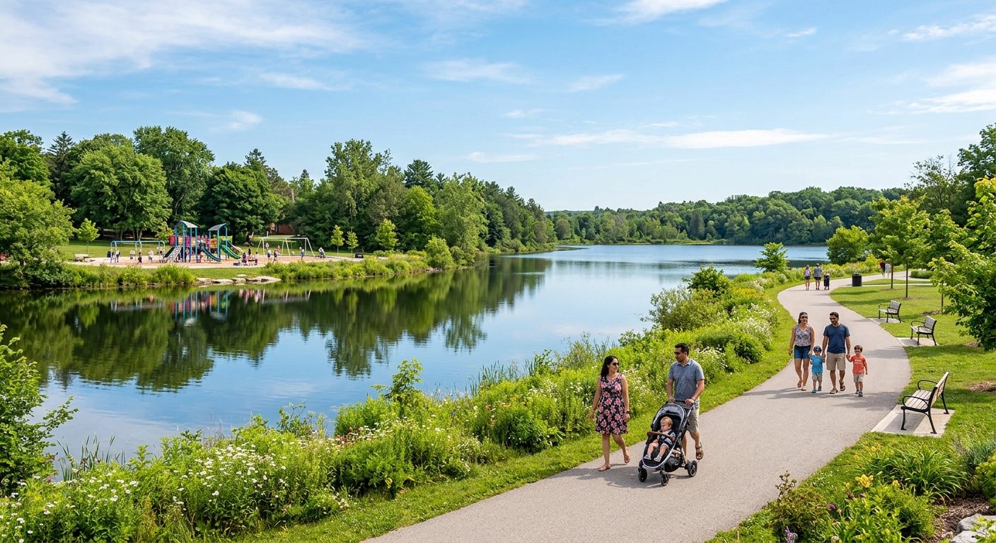 Fairy Lake Park in Newmarket during a sunny afternoon. Families walking along paved trails, a scenic lake reflecting the sky, lush greenery, and a modern playground in the distance. Vibrant and peaceful landscape.