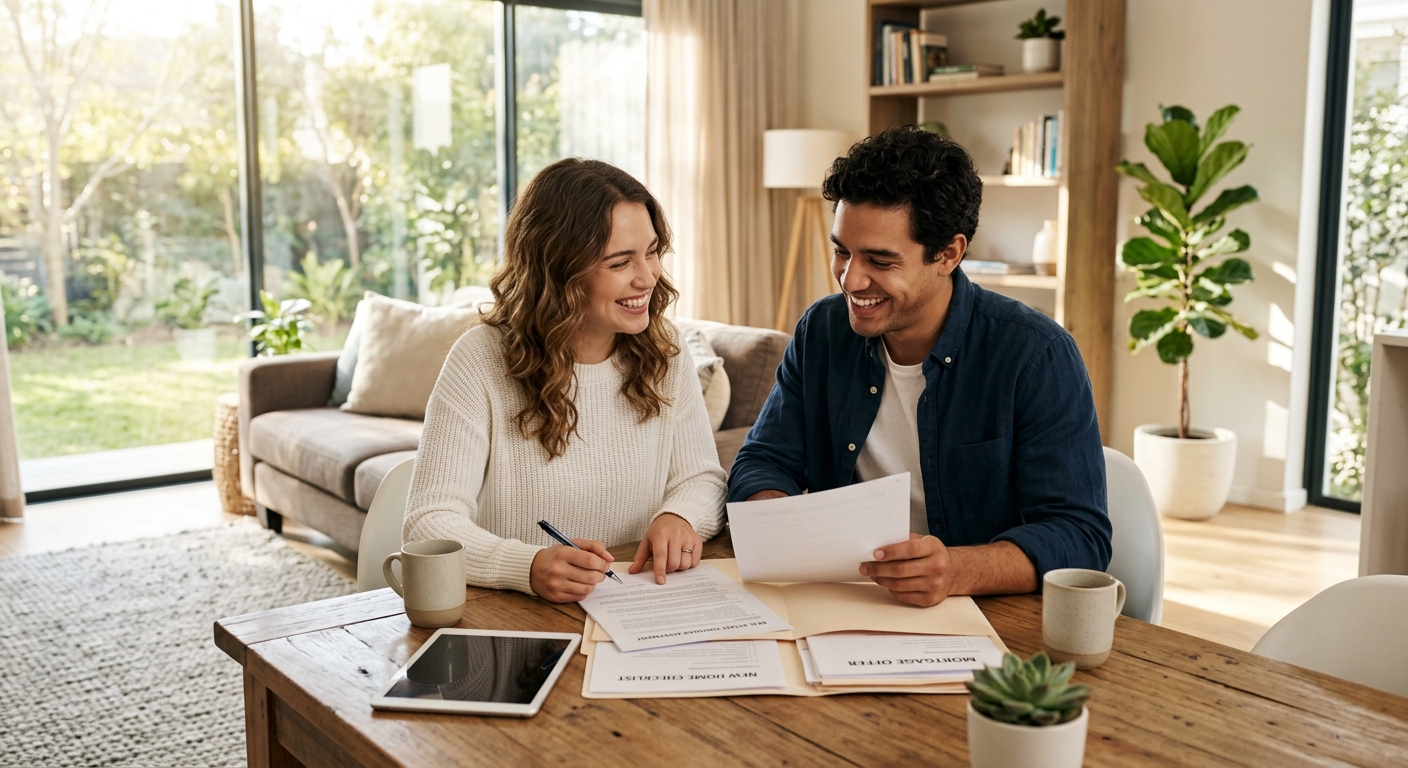 A happy young couple sitting in a sunlit, modern living room, smiling as they review home buying documents together. The atmosphere is bright and hopeful.