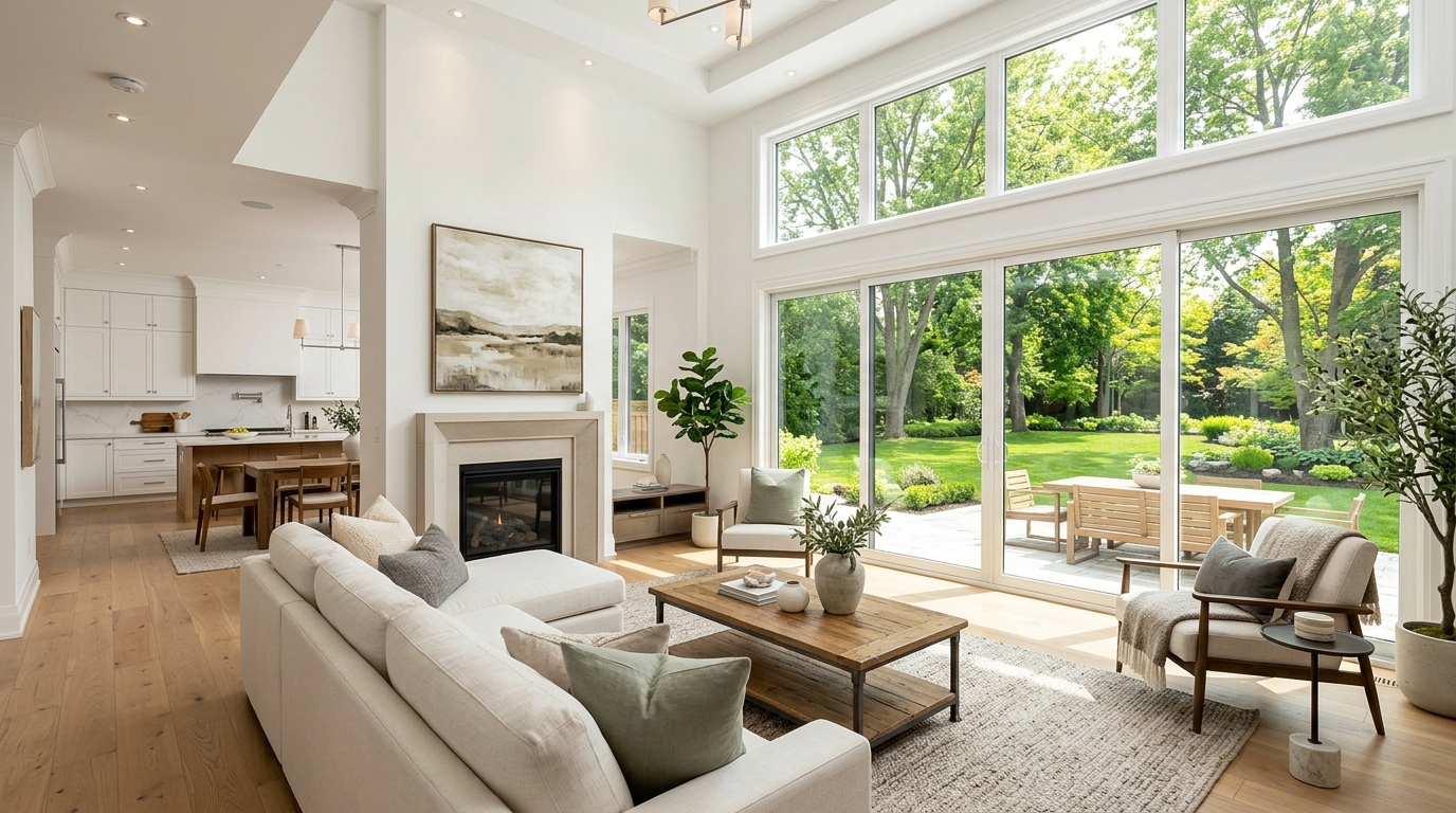 A modern, bright living room in a Newmarket family home. Large windows overlooking a green backyard, neutral decor, high ceilings, cozy yet professional staging.