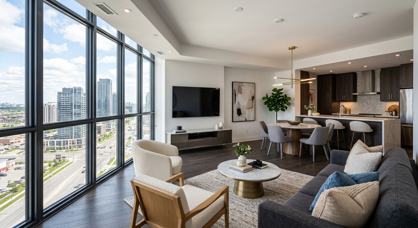 A modern, high-end condo interior in Vaughan, featuring floor-to-ceiling windows with a view of the city, stylish furniture, and an open-concept layout.