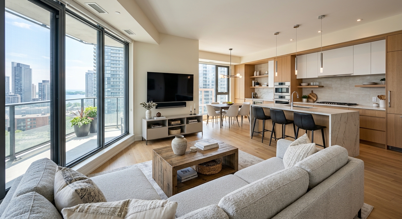 Modern interior of a renovated rental unit in a duplex, featuring a bright open-concept kitchen and living area, high-end finishes, and natural light