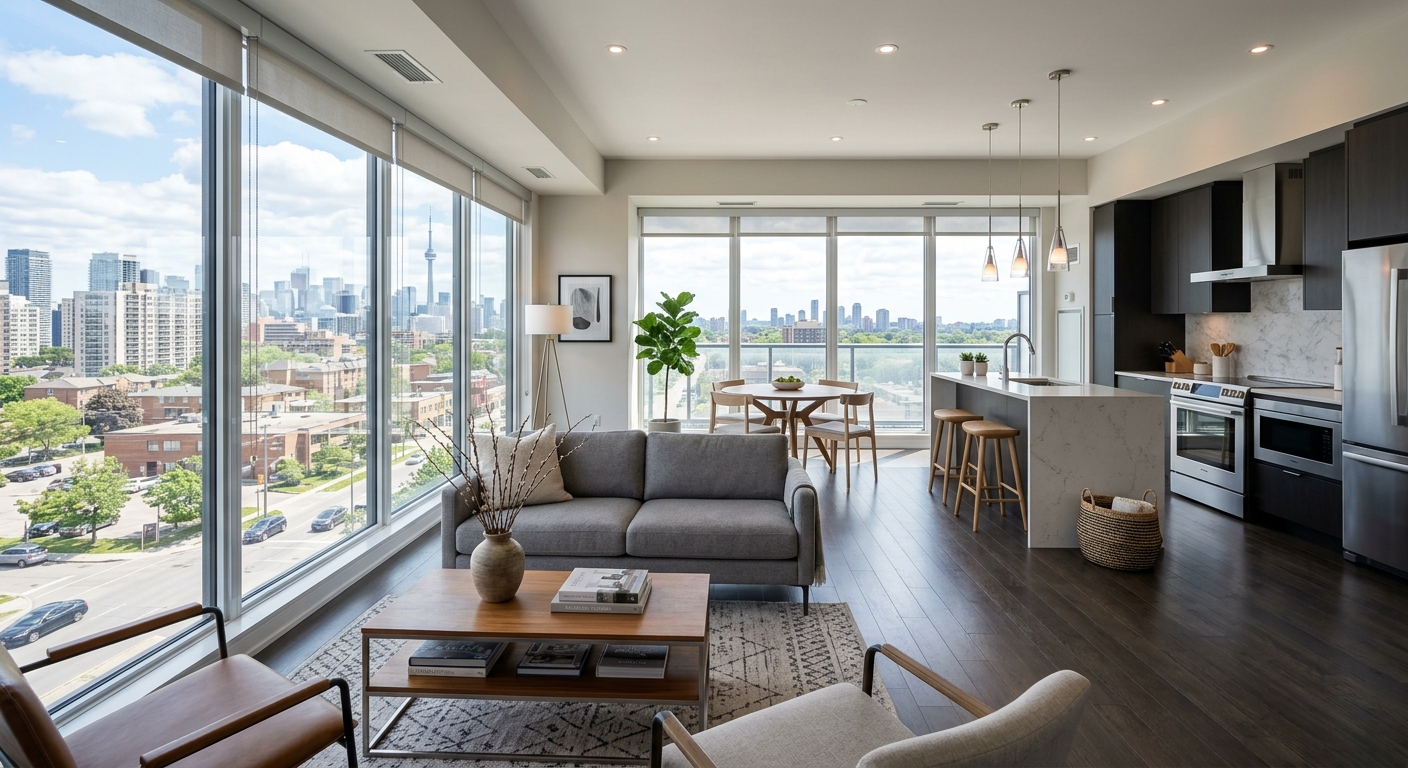 A modern, well-lit condo interior in North York, featuring floor-to-ceiling windows and a clean, professional aesthetic.