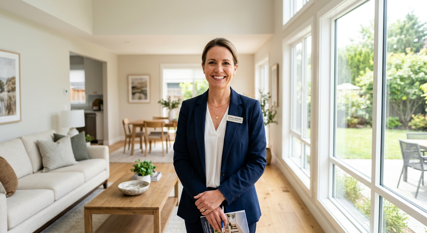 A professional real estate agent smiling confidently, representing the trust and personalized service provided to clients.