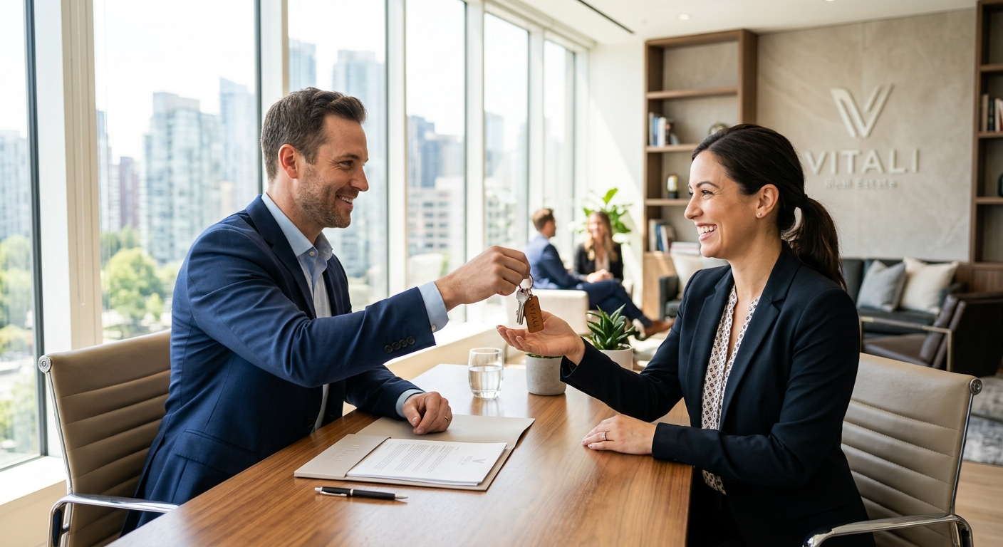 A professional real estate interaction in a modern, sun-drenched office setting. A professional broker is handing over keys to a satisfied client. The atmosphere is confident, trustworthy, and successful, reflecting the personalized and expert service provided by BuyRealty.ca Real Estate Brokerage.