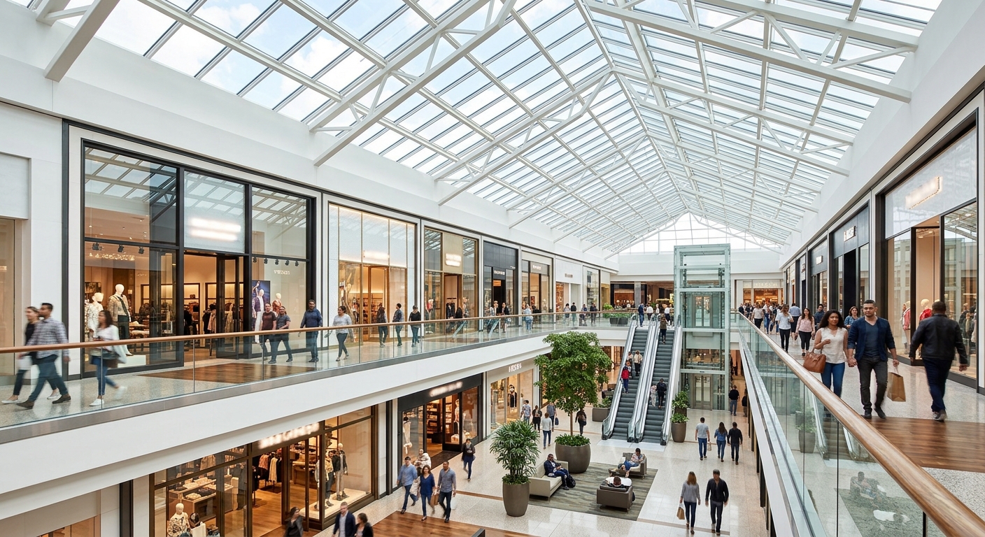 An upscale, modern shopping mall interior with high glass ceilings, natural light, and busy shoppers. Sophisticated retail environment, bright and clean, representing the convenience of Upper Canada Mall in Newmarket.